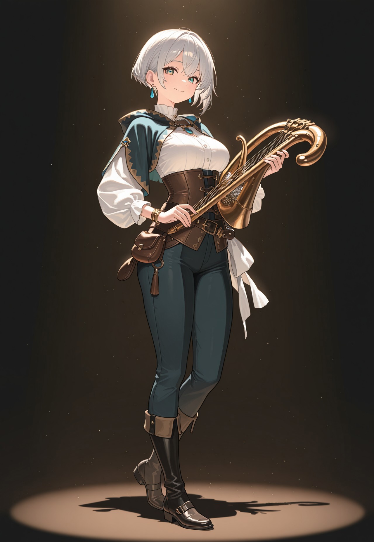 masterpiece, best quality, 32k, high resolution, absurdres,  bard, 1girl, solo, looking at viewer, jewelry, smile, short hair, standing, full body, medium breasts, holding instrument