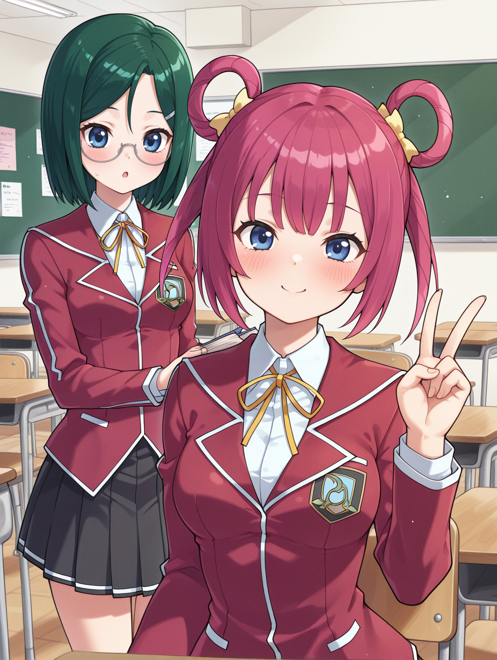 2girls,smile,blush,duel academy uniform \(yu-gi-oh! 5d's\),red blazer,white collared shirt,black miniskirt,yellow neck ribbon,classroom,chair,standing,upper body,
BREAK reika hara,white under-rim eyewear,silver hairclip,:o,
BREAK kaiho rin,double yellow hair ribbon,hair rings,v,
masterpiece,best quality,amazing quality,very aesthetic,absurdres,newest,<lora:Reika Hara & Kaiho Rin illusXL v1:0.72>,
