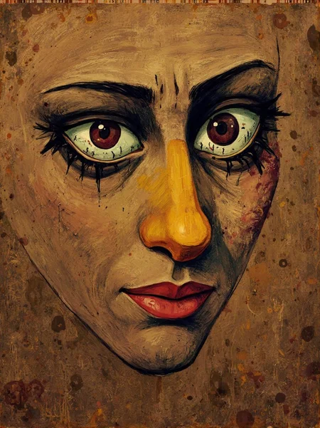 <lora:ck-LttleGhost-000011.safetensors:1> in the style of ck-lttlegh0stA self-portrait on a textured, brown background marred by ink and paint splatters. Eyes are twisted and asymmetrical, with no pupils, set amidst chaotic brushwork. A bold, yellow-red nose dominates the image, while the overall style is a dissonant blend of abstract expressionism. No discernable details or context can be gleaned, leaving only an air of mystery and unease.