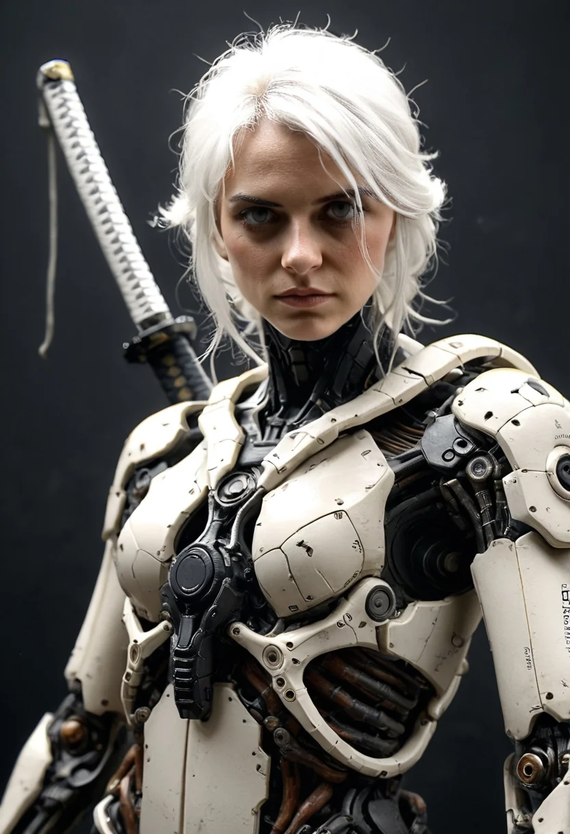 photo, ciri 1girl, solo, (dutch angle:1.3), (long white hair:1.2), grey eyes, weapon, sword, (scifi|cyber|exoskeleton:1.2), simple black background, headgear, katana, (science fiction:1.4), cyborg, robot joints, tactical gear, (weapon on back:1.3), cinematic photorealistic light