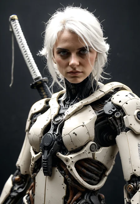 photo, ciri 1girl, solo, (dutch angle:1.3), (long white hair:1.2), grey eyes, weapon,  sword,  (scifi|cyber|exoskeleton:1.2), simple black  background, headgear, katana, (science fiction:1.4),  cyborg, robot joints, tactical gear, (weapon on back:1.3), cinematic photorealistic light