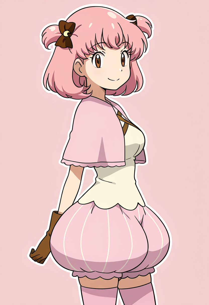 masterpiece, best quality, solo, curvy, beautiful eyes, narrow waist, large breasts, 1girl, solo, smile, looking at viewer,    zzMomo, brown eyes, short hair, pink hair, hair bow, two side up, hair ornament, hair ribbon,  capelet, white shirt, brown gloves, puffy shorts, pink thighhighs, zettai ryouiki,  ,<lora:MomoByKurumiErika_IXL:1.0>,  upper body, side view, smile, looking at viewer, shiny skin,