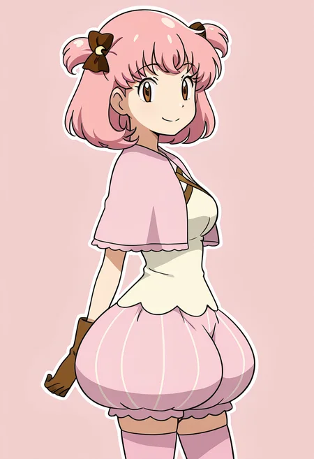 masterpiece, best quality, solo, curvy, beautiful eyes, narrow waist, large breasts, 1girl, solo, smile, looking at viewer, zzMomo, brown eyes, short hair, pink hair, hair bow, two side up, hair ornament, hair ribbon, capelet, white shirt, brown gloves, puffy shorts, pink thighhighs, zettai ryouiki, ,<lora:MomoByKurumiErika_IXL:1.0>, upper body, side view, smile, looking at viewer, shiny skin,