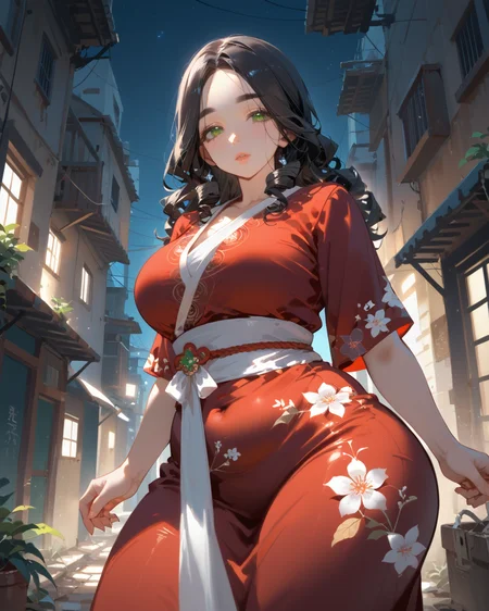 PonyScores7, source_anime, rating_safe, ah1, 1girl, (curly hair), long hair, (black hair:1.3), mature female, (parted hair:1.7), (round face:1.2), (no_bangs), (no_fringe), (thick eyebrows), (curvy), round-chin, (greenish hazel eyes), caucasian, (downturned eyes:1.2), (plump face), <lora:ETO_OCPonyXL:0.5> eto_oc, skindentation, (plump), thick thighs, wide hips, busty, voluptuous, kinky curls, lips, bad-hands-5, <lora:venus body PonyXL:0.6>, <lora:xl_more_art-full_v1:0.3>, <lora:shinyskin2:0.3> glistening skin, <lora:aesthetic_anime_v1s:0.3>, <lora:Expressive_H:0.3> Expressiveh, <lora:hairdetailpxl:0.3> hairdetailpxl, <lora:EpicF4nta5yXL:0.3>, <lora:detailxl:0.3> detailxl, <lora:Fant5yP0ny:0.3>, best quality, amazing quality, best aesthetic, absurdres, <lora:expressive eyes:0.3> expressive eyes, <lora:eyedetailpxl:0.3> eyedetailpxl, illustration, Volumetric_Lighting, ultra-detailed, very aesthetic, intricate details, 8k, masterpiece, best_quality, ((ecstasy)), (Low angle (from behind) view Close shot), (plantar_flexion), (an eerie urban alley with dark corners, soft whispers, an air of mystery), (Plum National dress of Bangladesh jamdani Saria handwoven sari made of fine cotton, often featuring intricate floral motifs and patterns), <lora:Eyes_High_Definition:0.3> EyesHD, looking at viewer,  Stable_Yogis_PDXL_Positives, AS-Adult,