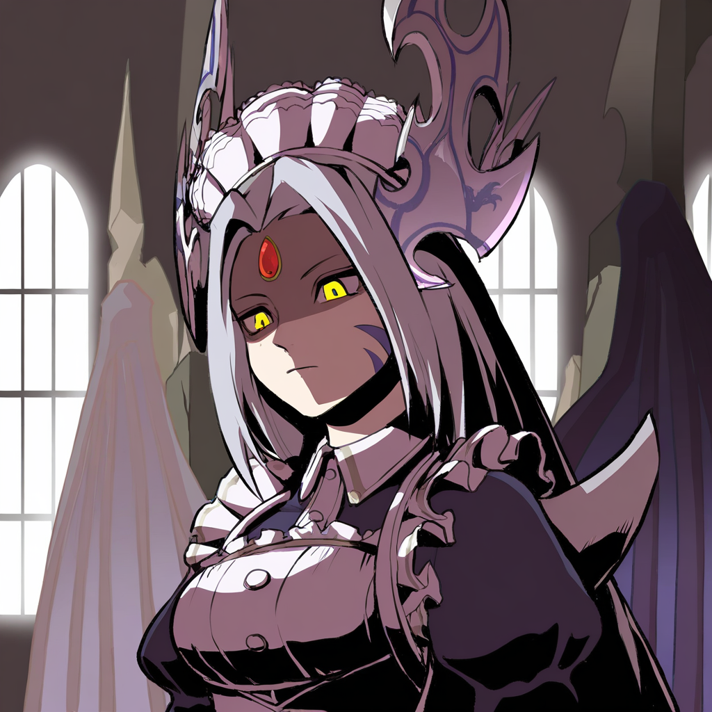 highres, best quality, masterpiece, very aesthetic, newest,final fantasy,epic,vivid detail,intricate linework,full color,hard shadows,solo,1girl,dorugoramon maid,half shaded face,neutral expression,upper body,indoors,silver hair,red forehead gem,yellow eyes,dorugoramon wings,dorugoramon horns,upper body,maid dress,maid headdress,indoors,window,female focus, <lora:DorugoramonIllustrious:1>