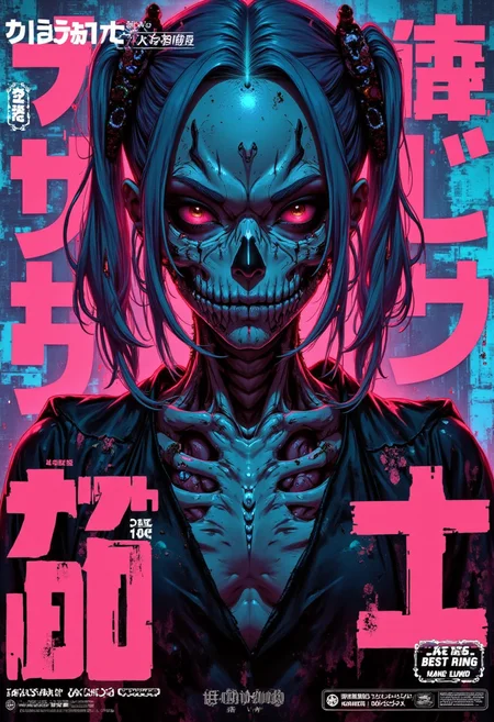 Japanese Manga style Poster, Masterpiece, best quality, good quality, very aesthetic, absurdres, newest, 8K, depth of field, focused subject, gritty skull girl, bioluminescent, glowing hair.