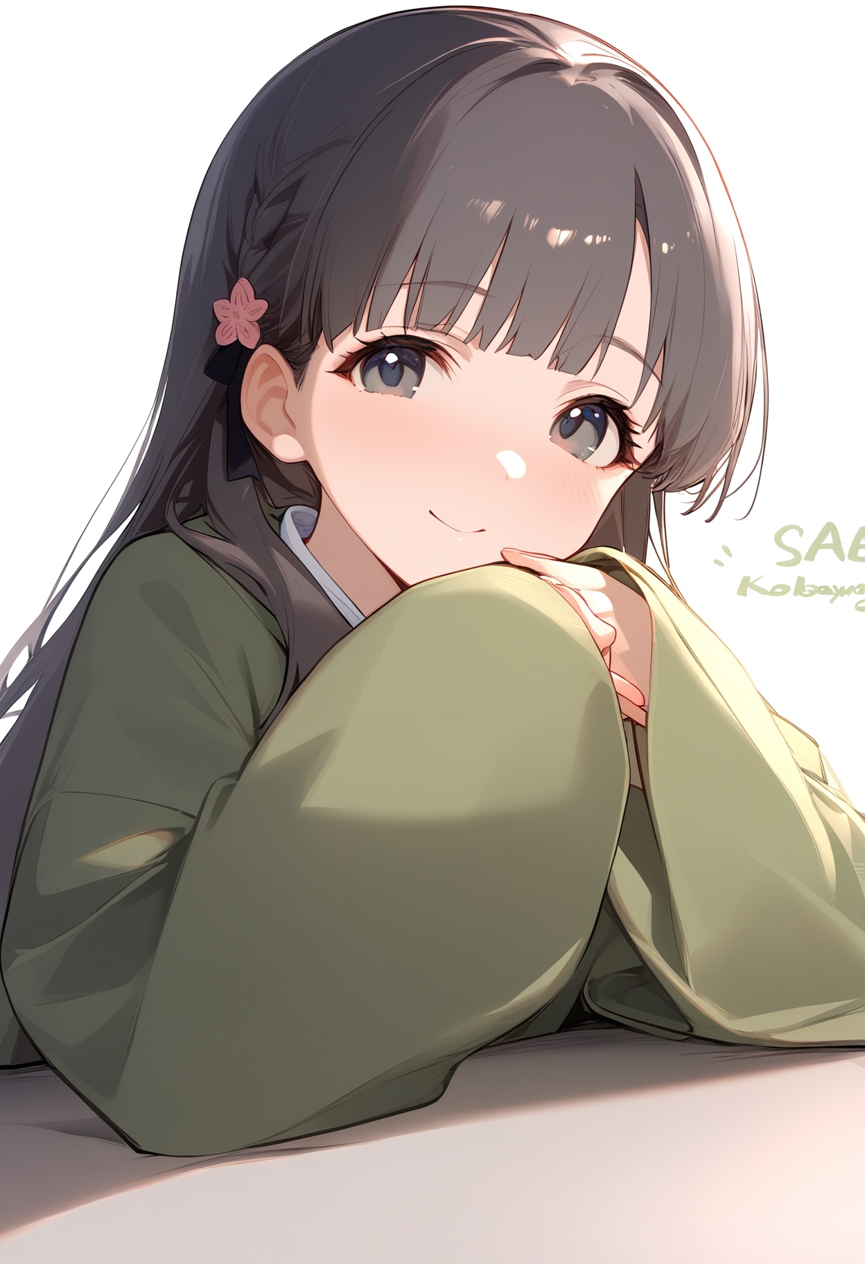 1girl,green kimono,kobayakawa sae,solo,blush,simple background,smile,looking at viewer,white background,character name,long sleeves,sleeves past wrists,upper body,wide sleeves,<lora:a31_char_new_kobayakawa_sae:1>masterpiece, best quality, absurdres<lora:a31_style_koni-000010:0.8>