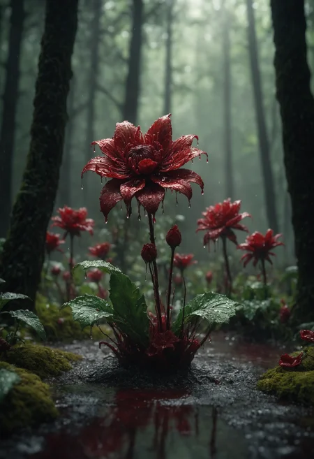 photo. A bloody flowers in a dark forest, drops. in the style of hyper-realistic sculptures, with dark red and green colors, featuring soft, surreal 8k zbrush render.horror movie, God's rays, puddles, mystical light, particles, dust, bokeh. cinematic. Detailed Structure