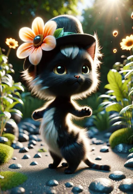 ral-fluff,<lora:ral-fluff:1>,
chibi,masterpiece,best quality,original,official art,black metallic cat,hat,flower,blurred background,rendering,beautiful detailed glow,(detailed ice),beautiful detailed water,sunny, blurred flower, happy