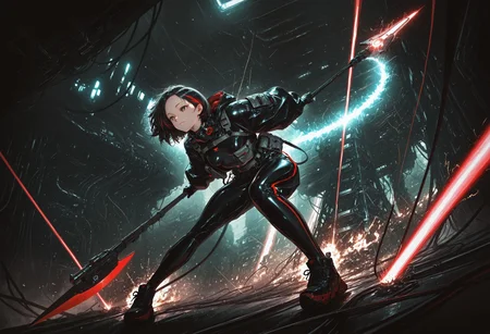 1rregular_b0, hyperdetailed_bg, (realistic_bg:1.2, su22eal_bg:1.2), (full_bg:1.4), (scifi:1.3, futuristic, megastructure, sparks, red electricity, cables, wires, electric circuit, glowing), (detailed background),
(1girl, solo, bend forward, holding, halberd, laser, dynamic pose), ((tatical outfit:1.2), (beltwear:1.4), black outfit, naked, belts, oversized jackets, baggy sleeves, gun strap, pockets, straps), ((great anatomy, correct anatomy, akariL, wide forehead, black hair, short hair, red_streaked_hair, greenish_grey_pupils, red_iris, small breasts)),
from below, dynamic angle, fullbody, long shot,
((best quality, absurdres, amazing quality, HD, intricate, ultra-detailed, newest, visual impact, very aesthetic, high contrast)), 4K, detailed facial features, detailed clothing features, detailed texture