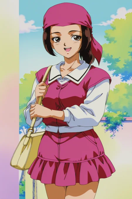 anime coloring, anime screencap, masterpiece, best quality, amazing quality,
1990s (style), retro artstyle,
<lora:All_4_DNA²_heroines_Ami_Kurimoto_Karin_Aoi_Kotomi_Takanashi_and_Tomoko_Saeki:.9>
Tomoko's bandana outfit, Tomoko Saeki, 1girl, solo, skirt, bag, smile, bandana, handbag, ponytail, open mouth, cowboy shot, happy girl