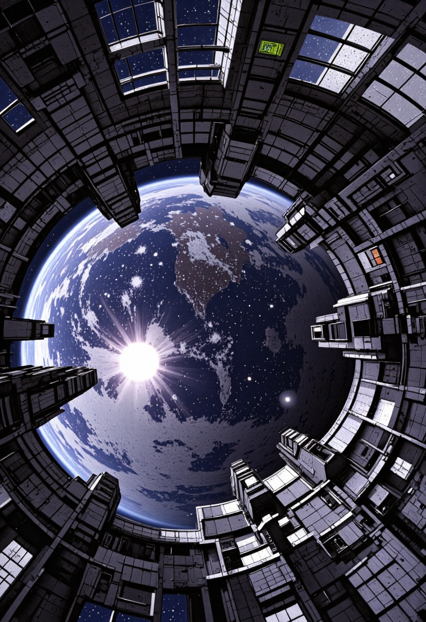 <lora:Pieper-Geometrics-Perspective:0.8>,A space station with architecture that bends physics, Fantasy and Cosmic Themes,