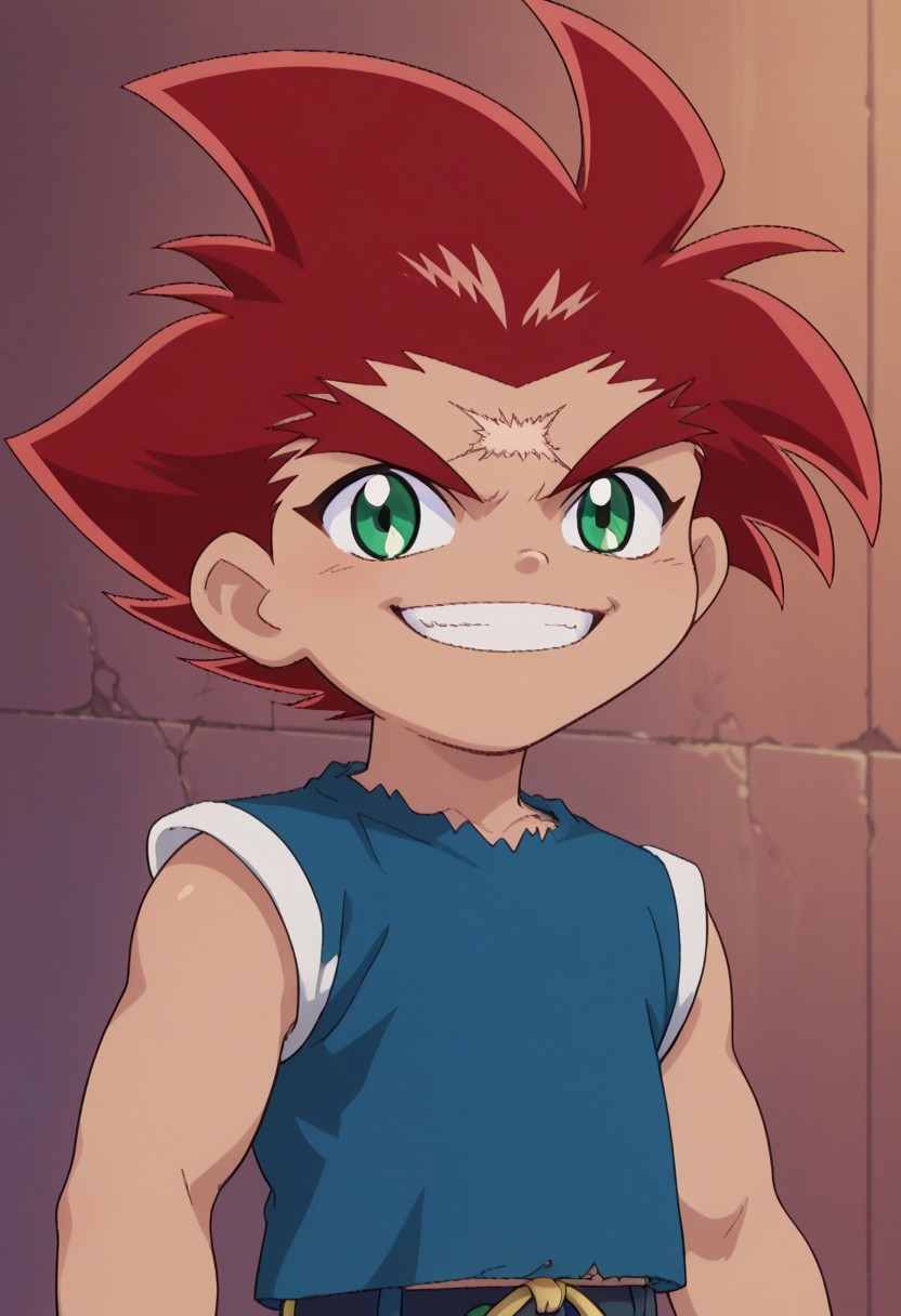 score_9, score_7_up, source_anime
DaichiSumeragi, 1boy, male child, male focus, solo, green eyes, red hair, spiked hair, scar, scar on forehead, shirt, blue shirt, smile, portrait, grin
outdoor,
