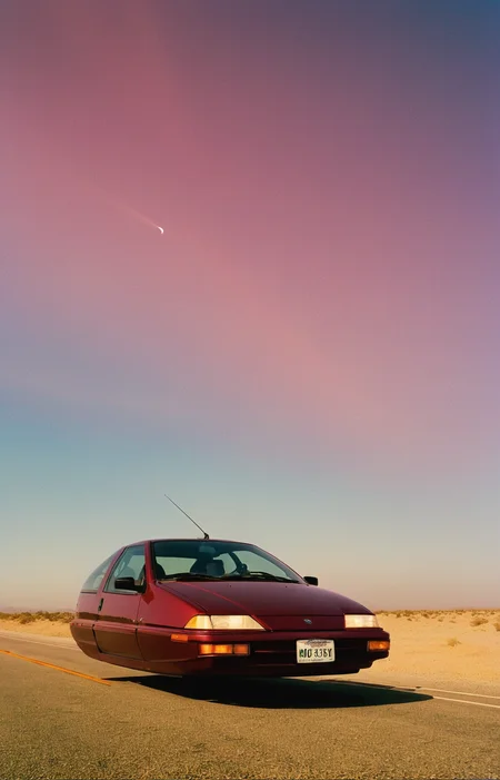 (Low shot looking up from the ground:1.8) 1 car, solo, a futuristic hover car, a 1991 Geo Metro, (high gloss:1.1) glossy maroon color, on a souther california highway near needles, smog horizon <lora:Hovering_Car_SDXL_v1:1> Hovering_Car (by Moebius:1.3) <lora:- SDXL - vanta-black_contrast_V3.0:0.1> dark moody