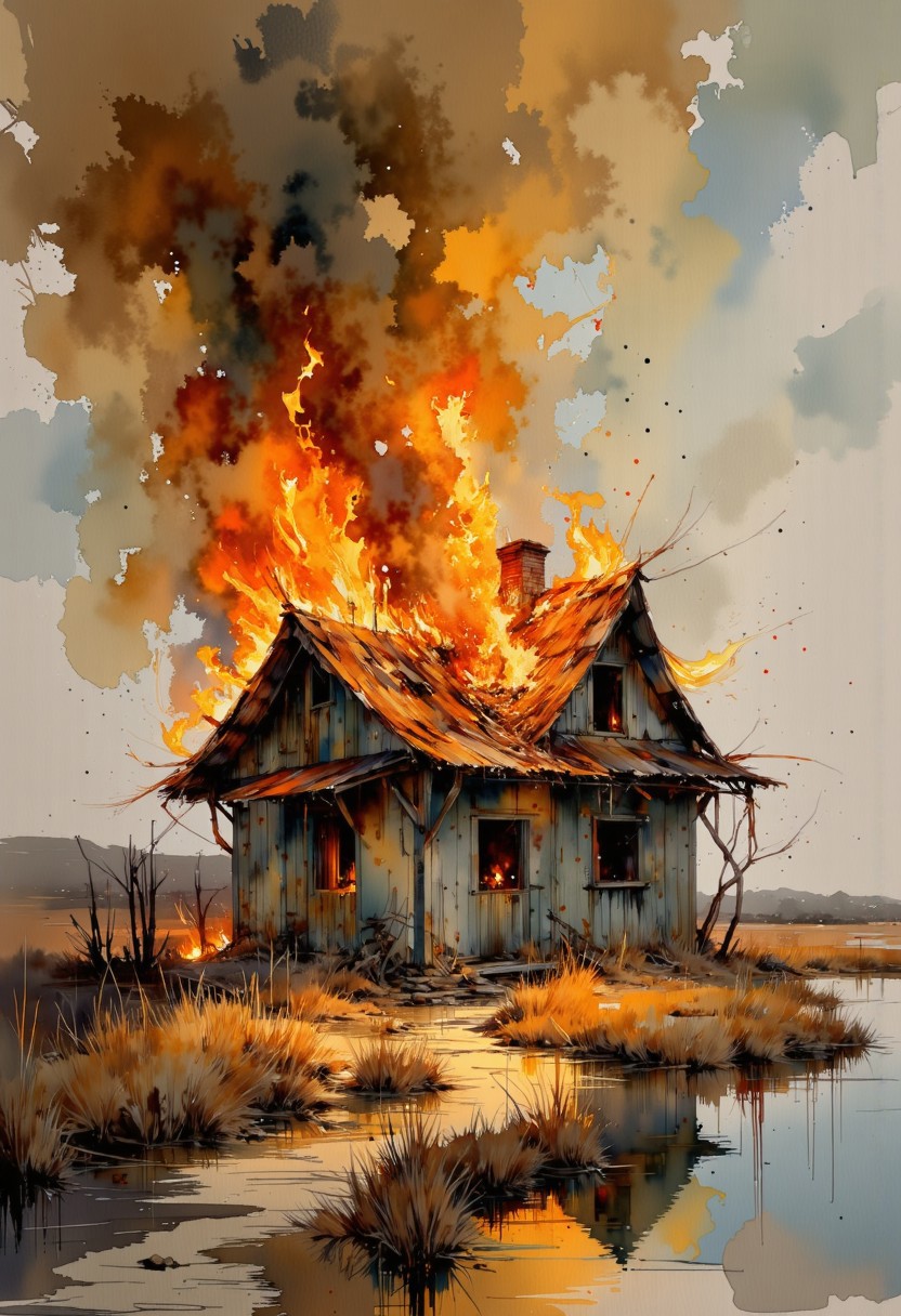 A sketch of a small historical house ablaze during a catastrophic house fire. The glimpse of the surrounding beautiful Scandinavian countryside is at odds with the vicious destruction of the fire.