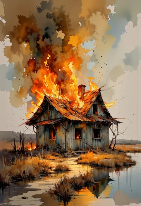 A sketch of a small historical house ablaze during a catastrophic house fire. The glimpse of the surrounding beautiful Scandinavian countryside is at odds with the vicious destruction of the fire.