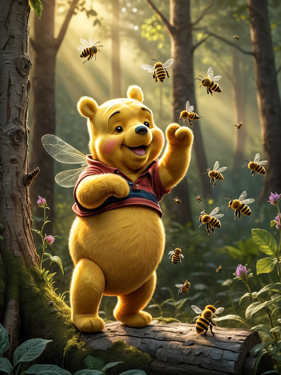 Watercolor painting HDR photo of Hyperrealistic art masterpiece of Winnie The Pooh playng with bees, in a forest clearing, early evening, The Pooh has highly textured fur <lora:xl_more_art-full_v1:0.25> . Extremely high-resolution details, photographic, realism pushed to extreme, fine texture, incredibly lifelike <lora:detailed_notrigger:0.1> . High dynamic range, vivid, rich details, clear shadows and highlights, realistic, intense, enhanced contrast, highly detailed, 3D render, ((hyper realism)), sharp focus, cinematic lighting, photo realistic, hyper realistic. 4k, natural, global illumination, caustics, ratytracing, Unreal Engine, highly detailed, trending on Artstation . Vibrant, beautiful, painterly, detailed, textural, artistic