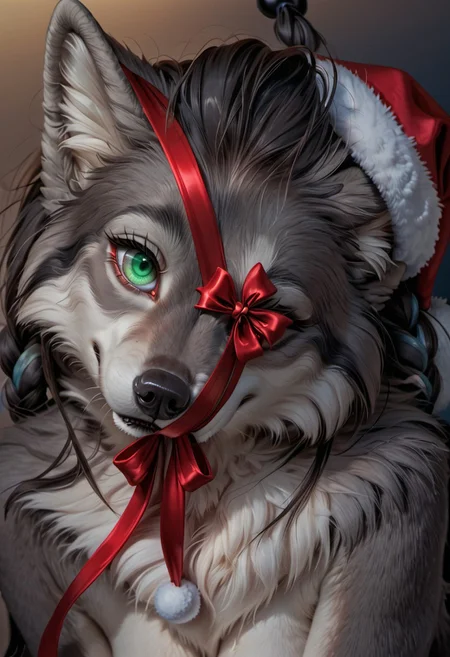 score_9, score_8_up, score_7_up, fisheye lens, Realistic, (((focus on  eye, (((closeup eyes, zoom on  eye))), beautiful green eyes, clear eyes))),  anthro female wolf, white cheeks, ((gray fur, furry)), ((tilted head, head tilt)) fluffy fur, (gray hair, twin braids, hair streaks) night, dark background, hard shadows, rembrandt style, , stare at viewer, from above, cute adult, (Christmas theme, red ribbons)