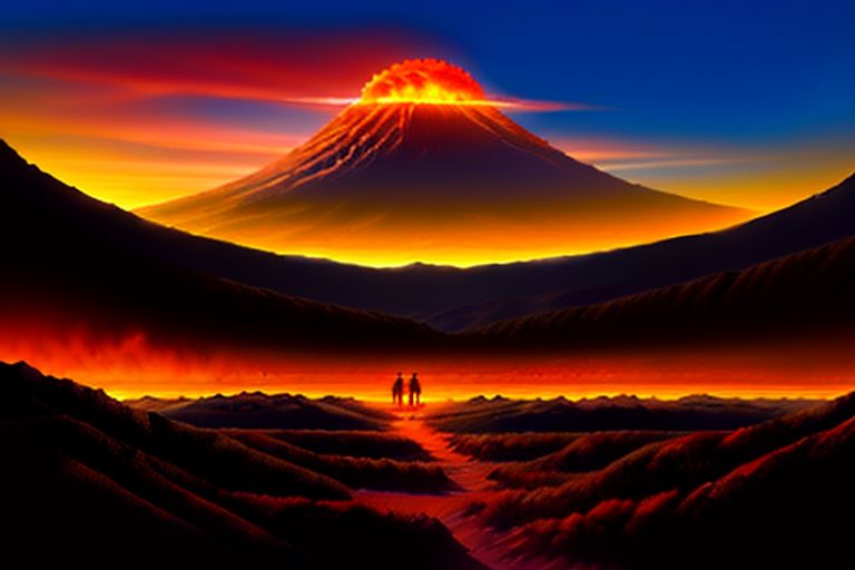(View from behind:1.5), at night, (two+++ hobbits:1.3) hiking towards a single tall black erupting volcano with extremely steep sides, plateau is a bleak Martian landscape. One hobbit is leaning against the other as they walk