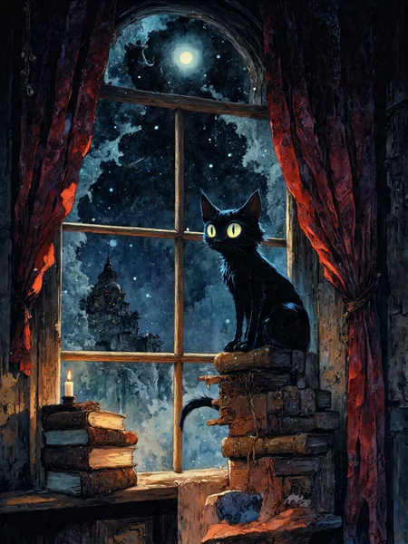 A sleek black cat perches gracefully on a weathered window sill, its luminous eyes reflecting the silver glow of the full moon high in the ink-black sky. Deep crimson velvet curtains drape around the frame, their heavy folds catching the dim, ambient light, exuding an air of quiet opulence. A precarious stack of aged books, their spines worn and gilded lettering faded, rests beside the feline, whispering secrets of forgotten knowledge. Beyond the glass, a vast celestial expanse stretches infinitely, stars shimmering like scattered diamonds against the abyss. The soft glow of moonlight spills into the room, casting elongated shadows that ripple across the wooden floor.