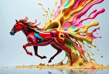 bv-colpaidri. A side view of a horse galloping, metallic sheen trailing, creating a colorful motion trail in the background, with the backdrop blurred, <lora:bv-colorful-paint-dripping-v1.safetensors:1.0:1.0>