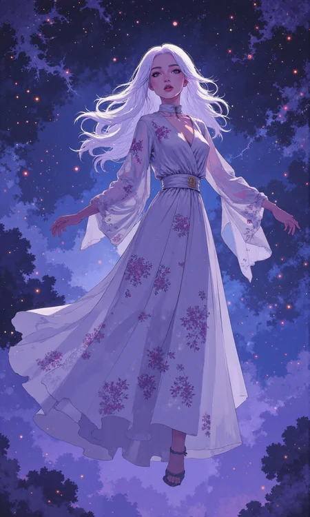 Ethereal alien princess, luminescent lavender skin, iridescent scales, crystalline eyes, bioluminescent freckles, flowing silver hair with star-like glimmers, delicate antennae, ornate cosmic jewelry, sheer gossamer gown, celestial patterns, graceful pose, serene expression, floating in nebula, aurora backdrop, stardust particles, 8k resolution, hyper-detailed, cinematic lighting, masterpiece, intricate details, otherworldly beauty <lora:Ethereal Brush Anime v2.0:0.8> <lora:Anime realistic V1:0.3> <lora:Hand v2:0.8> <lora:flux_dev:1>