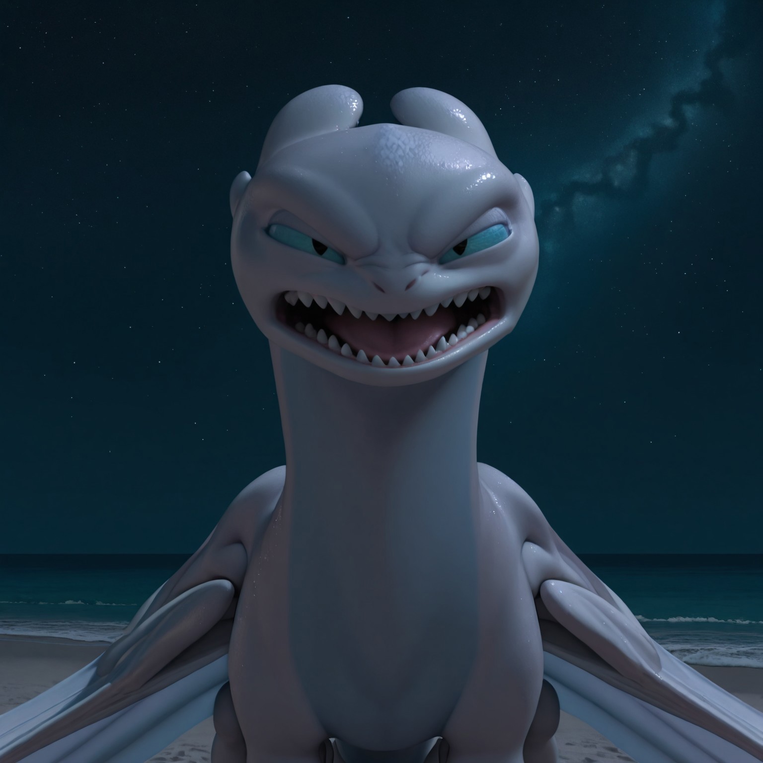 8k, uncensored, masterpiece, best quality, highly detailed, realistic, 1girl, solo, LightFuryHTTYD,furry, feral, dragon, scalie, light-blue sclera, black eyes, white body, white scales, light-blue body, light-blue scales, two tone body, two tone scales, dragon wings, long tail, open mouth, (looking at viewer, sand, night sky, stars, ocean, front view, detailed background, upper body, (angry, narrowed eyes, all fours, spread wings)