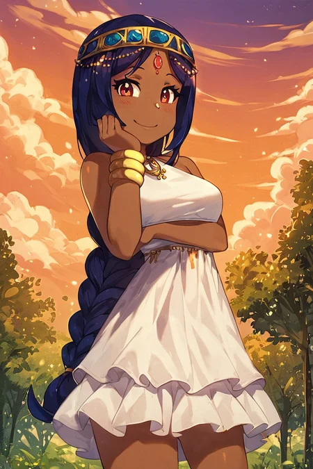 score_9, score_8_up, score_8, medium breasts, (curvy), cute, eyelashes, BREAK, , <lora:Serket_Takatsu_v2:0.7>, zzSerket, dark skin, large breasts, dress, bare shoulders, jewelry, very long hair, bracelet, single braid, circlet,, BREAK, smile, looking at viewer, cowboy shot, outdoors, sky, day, cloud, tree, blue sky, sunny, Expressiveh, <lora:Alola_Style_PDXL:0.8>, <lora:Expressive_H-000001:0.4>,