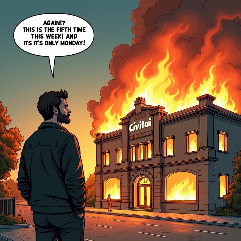 Create an image in the style of a comic about a man looking at a burning "Civitai" building and saying to himself "AGAIN!? THIS IS THE FIFTH TIME THIS WEEK! AND IT'S ONLY MONDAY!"