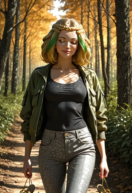 lazypos, Smooth_Quality, realistic, masterpiece, 8k, absurdres, highly detailed, DSLR, digital photo, amazing quality, 
very aesthetic, cowboy shot, bokeh,
1girl, solo, cl0th0smt, gold eyes, blonde hair, multicolored hair, green hair, braid, 
green army jacket, black tank top, grey capri pants, flip flops,
Expressiveh, seductive smile, walking towards viewer, facing viewer, looking at viewer, eye contact,
outdoors, sunset, forest path, dappled sunlight, simple background,