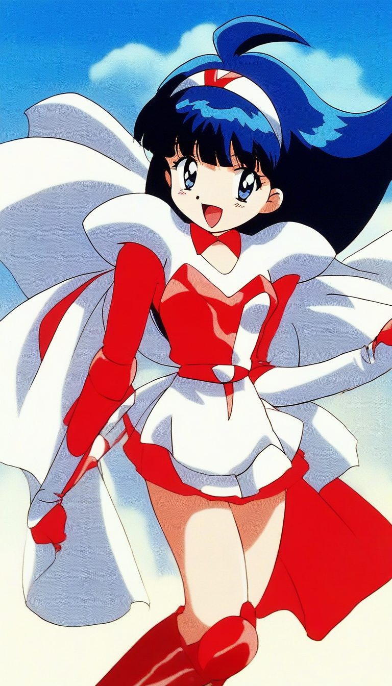 score_9, score_8_up, score_7_up, source_anime, rating_explicit, BREAK  <lora:Tsurugino_Hikari_XL:1>Tsurugino_Hikari, long hair, blue hair, 1990s (style), hairband, blue eyes, bangs, ahoge, small breasts,
Tsurugino_Hikari, 1girl, retro artstyle, solo, 1990s (style), open mouth, cape, boots, armor, smile, knee boots, red gloves, skirt, dress, pauldrons, looking at viewer, shoulder armor,
outdoorm, day, sky,
