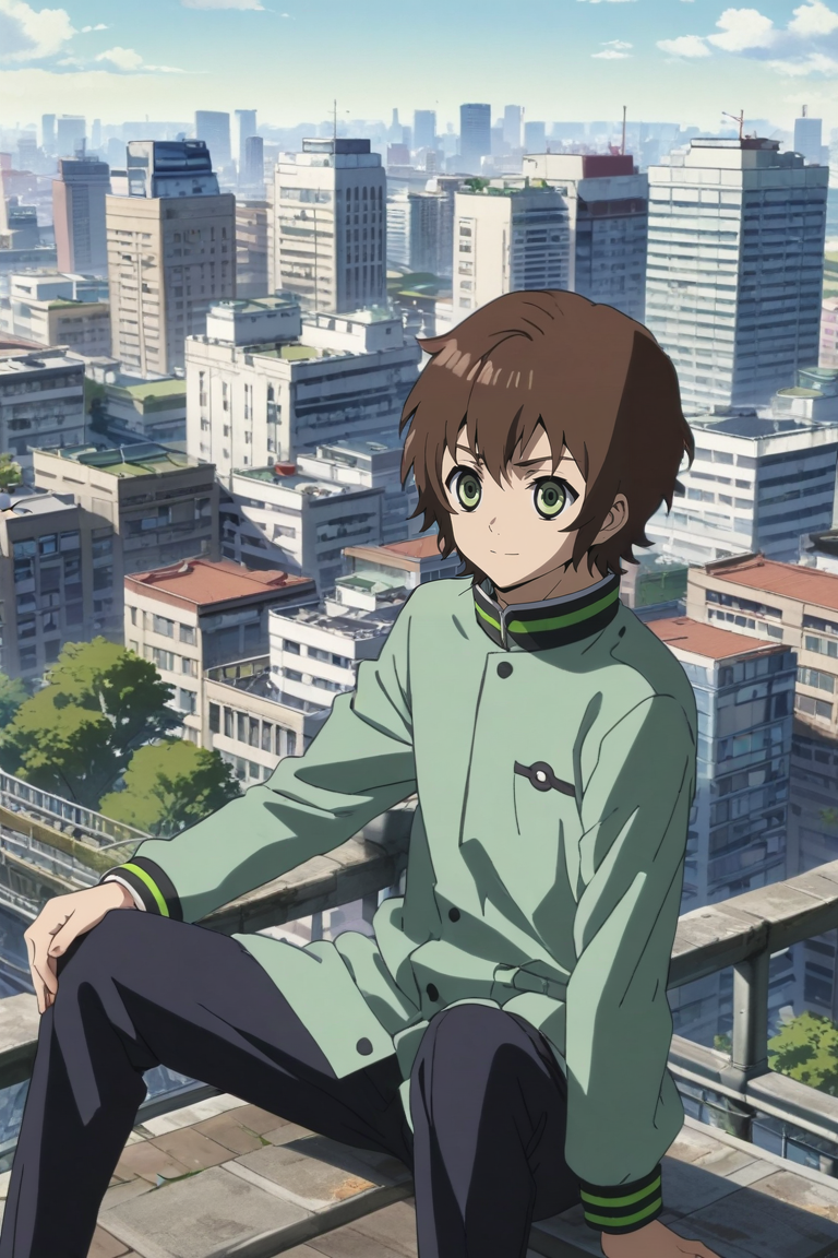 score_9, score_8_up, score_7_up, source_anime, rating_safe, , anime screencap, anime coloring, , , , 1boy, solo, male focus, <lora:yoichi_saotome_pony:0.96>, yoichi_saotome, brown hair, green eyes, short hair, hat, panorama, rooftop, tokyo \(city\), building, skyscraper, indoors, knees up, light smile, ,, <lora:sdxl_lightning_8step_lora:1>