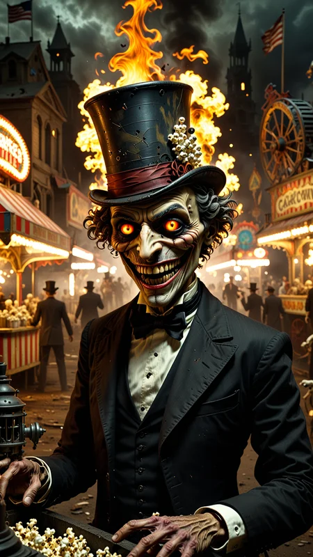 racing video game style, detailed car models, realistic environments, motion blur here is the combined image generation prompt: "a decrepit, clockwork encrusted carnival sideshow emerges from the darkness of a forgotten crypt, where a 47 year old top hatted barker with a grotesque grin gestures towards a canvas displaying an apocalyptic landscape of burning cities and screaming souls, surrounded by rusty contraptions, rickety booths, and the stench of stale popcorn. the air is thick with the distant howling of mocking laughter as the clockwork abomination, its mechanical limbs creaking ominously, begins to take its first steps into the dimly lit carnival, drawing in the barker's twisted gaze like a moth to flame." <lora:3D_Framed_Wall_Art_-_By_DICE:1>