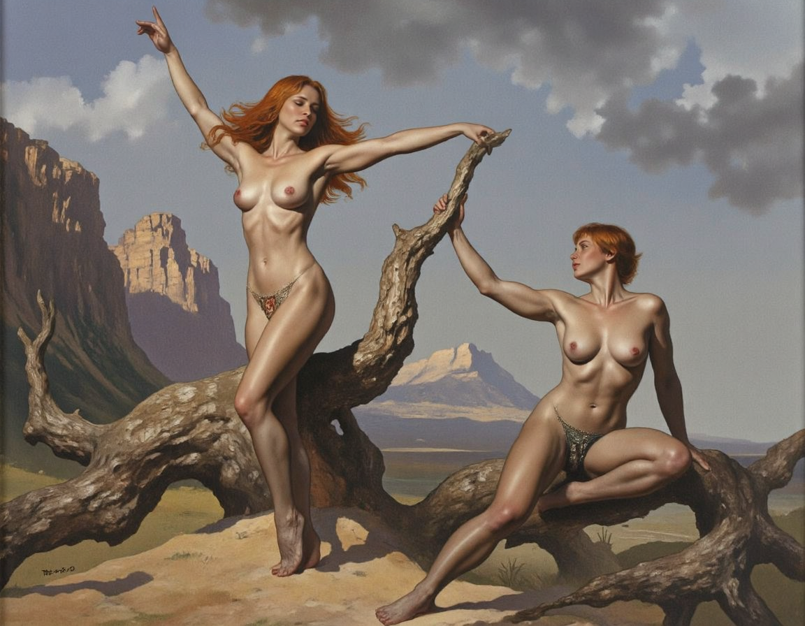 <lora:valejo:1>, This is a highly detailed, high-resolution photograph that combines elements of classical art and contemporary photography. The scene features two nude women, one standing and one sitting, positioned against a dramatic, natural backdrop of rugged mountains under a partly cloudy sky. The woman standing has long, flowing red hair and a fair complexion. She is poised elegantly, with one arm raised and the other holding onto a large, twisting piece of driftwood that serves as a prop. Her breasts are small to medium-sized, and her body is slender yet muscular, with visible definition in her abdomen and legs., 
The woman sitting has a similar fair complexion and long, flowing red hair. She is seated on a smaller piece of driftwood, leaning back with her eyes closed and a serene expression on her face. Her breasts are also small to medium-sized, and her body is similarly muscular and athletic. Both women have visible pubic hair and their genitals are exposed. The background features a vast, rocky landscape with patches of green grass and a distant, barren horizon. The lighting is soft yet dramatic, casting subtle shadows that accentuate the contours of their bodies and the textures of the rocks and driftwood. The overall mood is one of naturalistic beauty and raw, unfiltered human form., <lora:Phandigrams:0.5>, <lora:FluxMythR3alisticF:0.5>