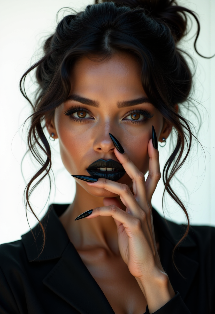 iphone photo model wearing strong black make up, covering her lips with long pointy nails, white background, egdy
(photorealistic:1.25), UHD, (shot on a Sony A7III:1.25), optimal photography, . large depth of field, deep depth of field, highly detailed