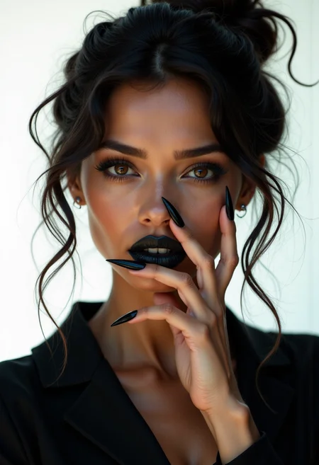 iphone photo model wearing strong black make up, covering her lips with long pointy nails, white background, egdy
(photorealistic:1.25), UHD, (shot on a Sony A7III:1.25), optimal photography, . large depth of field, deep depth of field, highly detailed