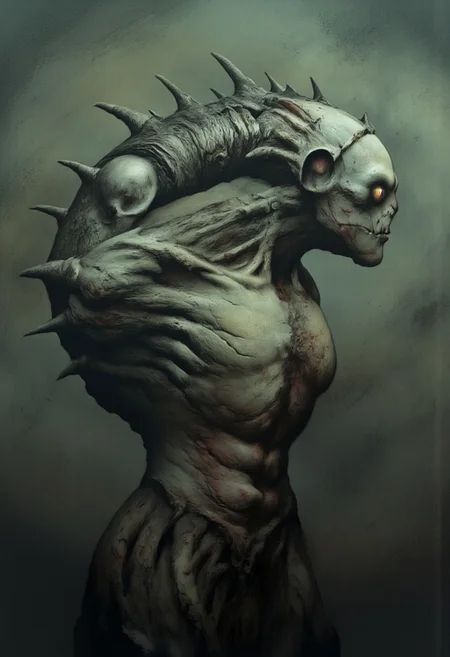 aidmaMJ6.1, Made out of paper, a PaperStyle , d4artstyle, d4concept, , d00mstyle, made of clay, ZBClay model of a gray sculpture
A grotesque, alien-like entity resembling a giant, malformed eyeball encased in veiny, fleshy tissue. The central eye is bloodshot and pulsates with a malevolent glow, its iris surrounded by dark, cracked skin. Multiple tentacles or appendages emerge from the lower part of the creature, writhing and curling in a disturbing manner, while the upper portion is encircled by a crown of jagged, bony spines that give it a sinister and protective appearance. The skin is mottled green with reddish veins coursing through it, suggesting a living, organic mass that defies natural form. The creature exudes an aura of otherworldly horror and seems to watch with an unblinking gaze, evoking dread and fascination.
Background solid color with a faded dimly lit, fog-covered darkness tone that emphasizes its silhouette.
The medium is not a traditional painting or illustrative medium like watercolor or ink but rather a digital rendering, eerie and unsettling.