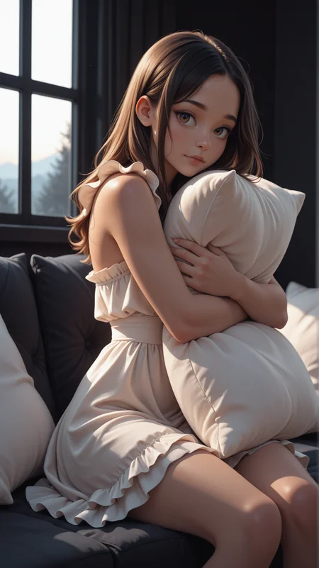 high_quality, highres, detailed, (masterpiece, best quality:1.2), absurdres, 8k, HDR, a woman, ruffled dress, hugging, pillow, sitting, window, sideview, looking at viewer, black background,