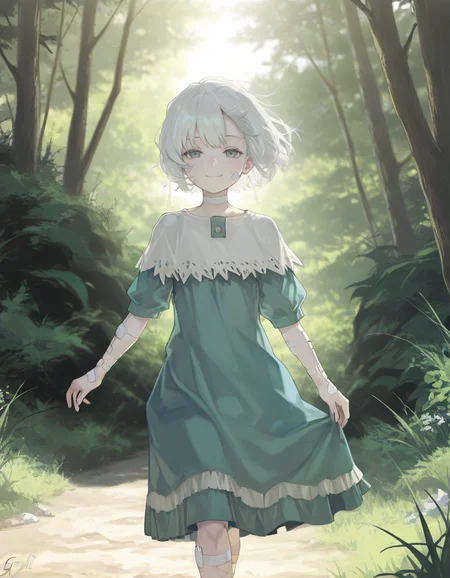 1girl,  walking, outdoors, solo, frail sick girl,happy,bandages, looking at viewer,smile, soft lighting, detailed background, nature, (gentle breeze:1.1), looking ahead, (serene expression:1.2), <lora:CristalloReverse1999:1> (masterpiece, best quality, high quality, highres, ultra-detailed),