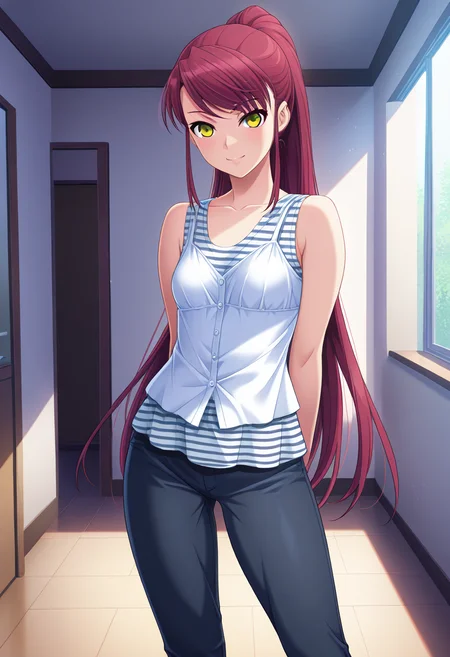 masterpiece, best quality, amazing quality, 1girl, solo, cowboy shot, sayaww, yellow eyes, red hair, long hair, very long hair, ponytail, small breasts, sleeveless shirt, layered shirt, sleeveless, white shirt, striped inner shirt, peplum top, casual, tight pants, dark long pants, looking at viewer, smile, indoors, day, skindentation, detailed clothing folds, depth of field, sharp, high contrast, dynamic light <lora:Niimi_Saya_Alea_ill:0.9>
