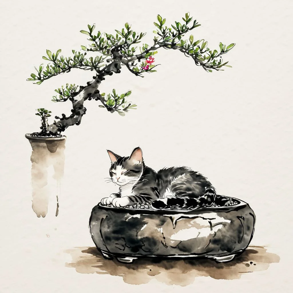 <lora:Ath_ink-painting_XL:1>,ink-painting,ink anf wash,painting \(medium\),traditionalmedia,watercolor\(medium\),A bonsai like tree with a cat sleeping under it,<lora:MinTattooXL-000034>, drawing of a minimalist tattoo,, (masterpiece, best quality, high quality, highres, ultra-detailed),