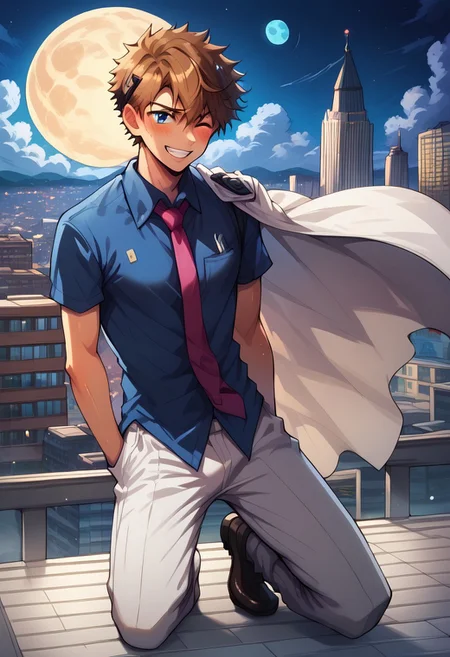 score_9, score_8_up, score_7_up, score_6_up, masterpiece, uncensored, best quality, amazing quality, best aesthetic, absurdres, intricate details, close up, full body, full view, yaoi, gay, anime BREAK 1boy, solo, male focus BREAK brown hair, blue eyes BREAK monocle, white top hat, purple shirt, necktie, white cape, pauldrons, white pants BREAK look at viewer, shy, blush, smile, one eye closed, squinting, relaxed eyebrows BREAK s2lk3n, blue moon, city, roof, kaito kid