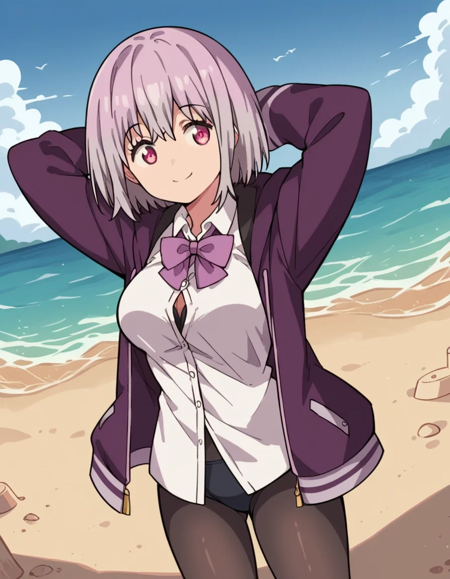 score_9, score_8_up, score_7_up, source_anime, <lora:akane-shinjou-s1-ponyxl-lora-nochekaiser:1>, akane shinjou, light purple hair, pink eyes, short hair, large breasts,, black pantyhose, bow, collared shirt, hood, hooded jacket, jacket, open clothes, open jacket, open shirt, pantyhose, purple bow, purple jacket, school uniform, shirt, sleeves past wrists, unbuttoned shirt, white shirt,, beach, sand castle, swimsuit, summer vacation, ocean wave, hands behind head,, smile, , knee bent, hand on neck, foot pointed, solo,, cowboy shot, dutch angle