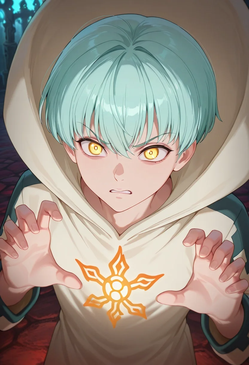 masterpiece, best quality, intricate details, (photorealistic:0.6), , 1boy, solo, male focus, <lora:sariel_nnt_ilxl:0.98>, sariel_nnt, aqua hair, yellow eyes, short hair, , haunted crypt, shadowed halls, ghostly carvings, glowing runes, investigating pose, cautious expression, flickering light,