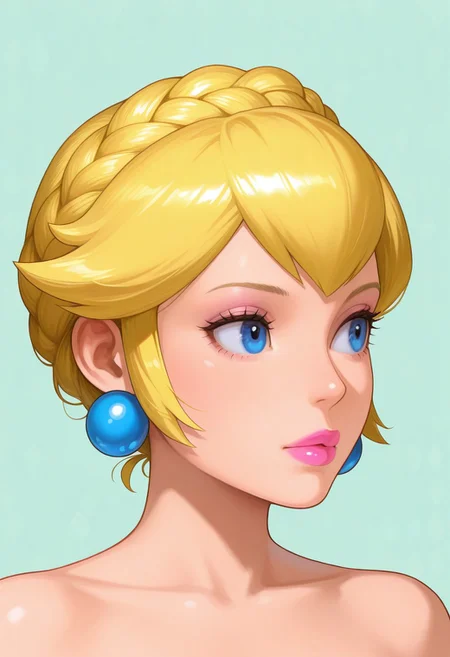 mario \(series\), official art, non-web source, highres, 
best quality, masterpiece, amazing quality, very aesthetic, absurdres, 
1girl, solo, 
portrait, 
princess peach \(mario\), 
crownplait, blonde hair, blue eyes, pink lipstick, 
looking to the side, 
abstract background