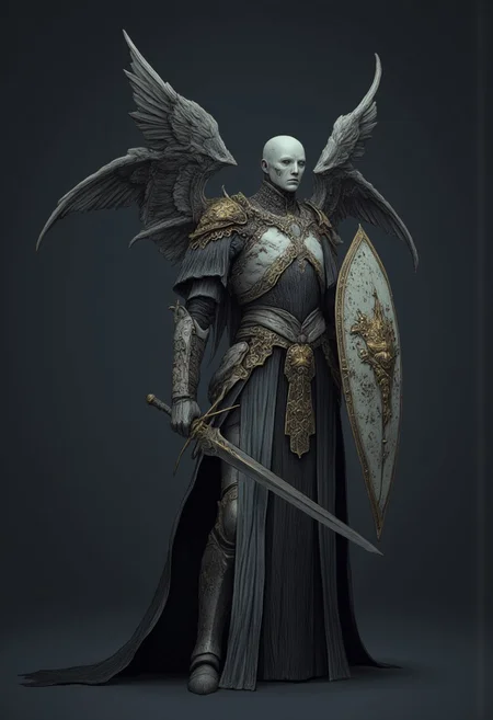 A feathered knight with a cape, holding a templar shield, and a gladiator sword
Set against a solid dark color background to emphasize its unsettling unnatural form that emphasizes its silhouette. The medium is not a traditional painting or illustrative medium like watercolor or ink but rather a digital 3D rendering.
MikeFranchinastyle, d4artstyle, d4concept, , bbstyle,, horror theme,, zbrush, ZBClay model of a gray sculpture, 1990's, 1990's style