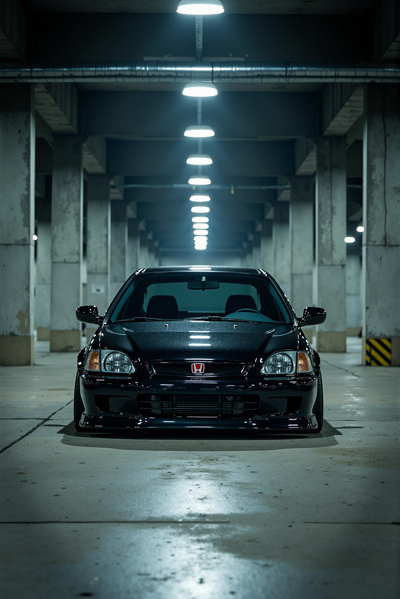 <lora:Honda_Civic_Type-R_EK9:1.0> Honda Civic Type-R EK9. 
Under the harsh fluorescents of a deserted industrial warehouse, the (Honda Civic Type-R EK9 from '90) crouches between concrete pillars like a predator waiting to strike. The lighting is stark and clinicalâharsh whites contrasted with deep ink shadowsâemphasizing the sharpness of its body contours, front air dam, and red badged grille. Captured from a low, offset front angle, the car dominates the frame, with grime-dusted floor textures adding realism. Overhead spotlights throw exaggerated shadows, while subtle particle effects and light bloom give the scene a cyberpunk-meets-industrial grunge feel. The mood is raw, visceral, and unapologetically aggressive, rendered in high-contrast chiaroscuro with hyper-detailed surface textures.  (A mirror-like, ultra-gloss finish of the car produces vivid, sparkling glints of light across its surface:1.1).