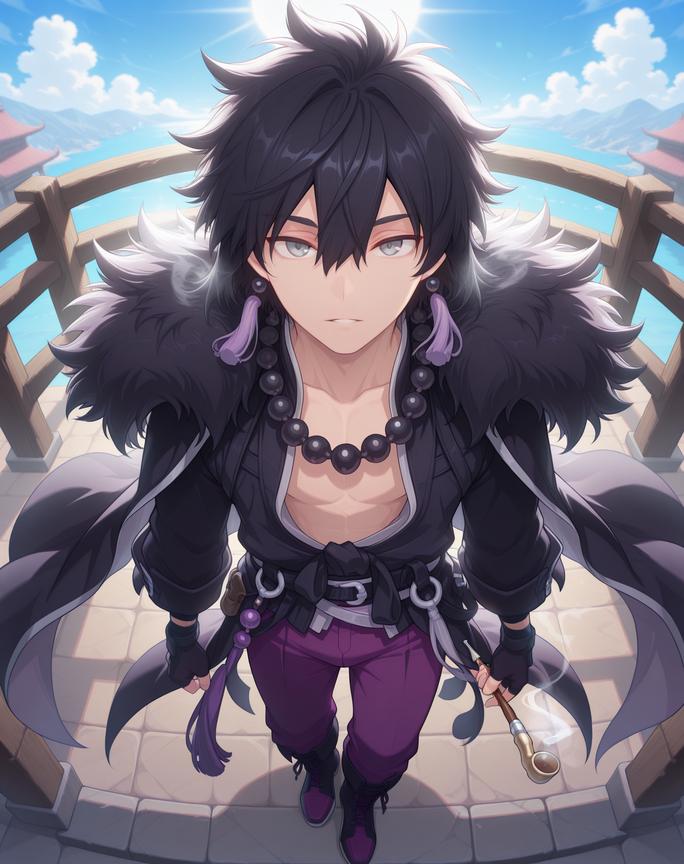 masterpiece, amazing quality, best quality, absurdres, very aesthetic,
1boy, solo, yaoi, male focus, full body, from above, standing, looking at viewer, face focus,
<lora:Sieghart_Lunar_Year_ilxl:1> siegly, black hair, grey eyes, hair between eyes, long hair,
fur trim, long sleeves, purple pants, fingerless gloves, fur-trimmed coat, black cape, open clothes, bandages, black coat,
boots, black footwear, two-tone footwear, purple footwear,
jewelry, beads, bead necklace, tassel earrings, smoking pipe,
outdoors, day, blue sky, sun,