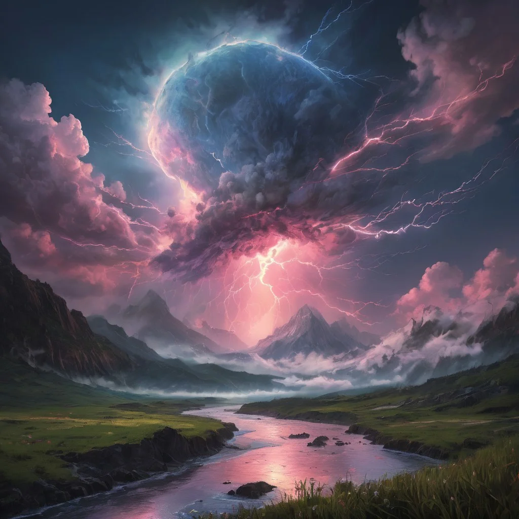 the storm is brewing in the sky, pink glow, sakura, (whirlwind of clouds), (night), rolling fog, rain, moonlight, (tall grass), (very strong wind), (mountaintops), (busy clouds), atmospheric, (reflections), [romantic impressionism, epic scenery art, beautiful oil matte painting, intense, beautiful digital painting, anime landscape, epic painting, dreamlike digital painting, colorful painting, beautiful gorgeous digital art, waves, faint rainbow, blue yellow green pink colored lightning bolts]