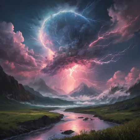 the storm is brewing in the sky, pink glow, sakura, (whirlwind of clouds), (night), rolling fog, rain, moonlight, (tall grass), (very strong wind), (mountaintops), (busy clouds), atmospheric, (reflections), [romantic impressionism, epic scenery art, beautiful oil matte painting, intense, beautiful digital painting, anime landscape, epic painting, dreamlike digital painting, colorful painting, beautiful gorgeous digital art, waves, faint rainbow, blue yellow green pink colored lightning bolts]